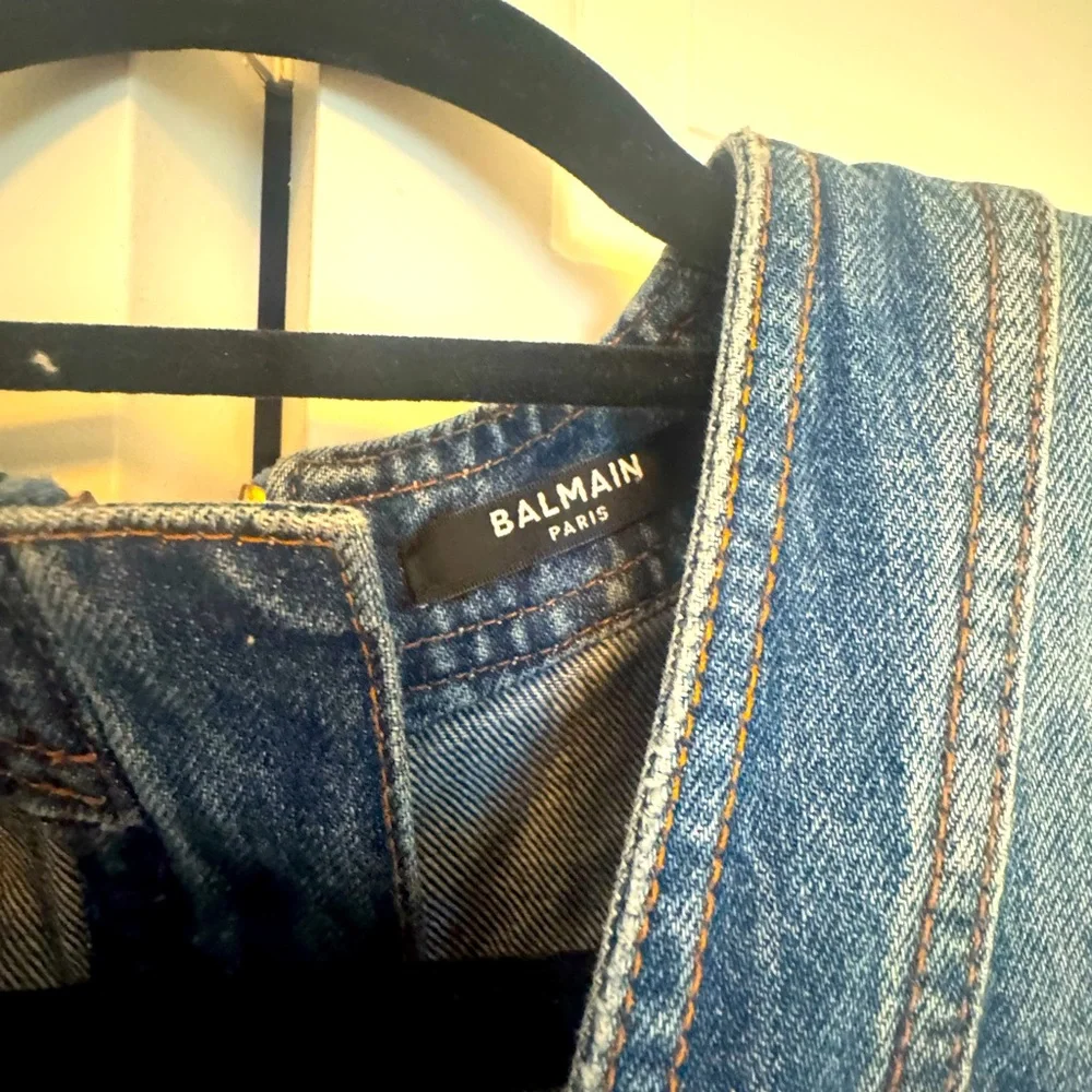 Balmain Short Sleeve Denim Dress with Gold Buttons accents. Gold zipper up back. - Picture 6 of 8